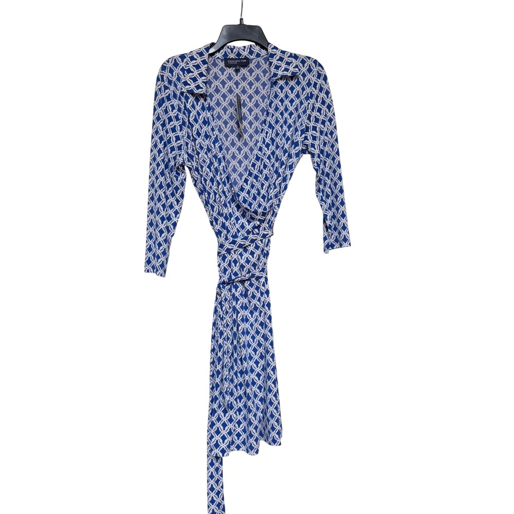 Jones New York Signature Womens Blue White Geometric Wrap Dress Medium Stretch